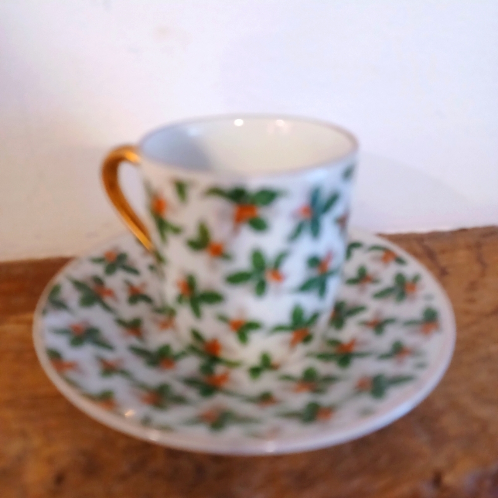 Vintage Inarco Demitasse Cup and Saucer Set.  Pattern Hollyberry